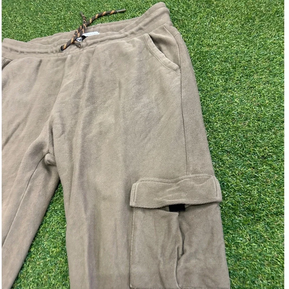 Zara Man Cargo Joggers Olive Taupe Textured Drawstring Pants XL
